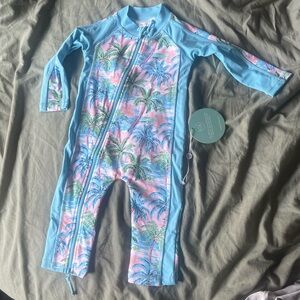 Caden Lane Blue and Pink Palm Tree Swimsuit